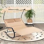 Multigot Double Rocking Sun Lounger, 2-Person Outdoor Sunbathing Chaise Lounge Bed with Canopy, Wheels and Head Pillows, Portable Swinging Daybed Ergonomic Rocking Loveseat for Backyard Poolside