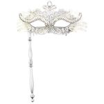 Seglorwy Womens Masquerade Mask Metal Rhinestone Venetian Halloween Christmas Evening Prom Ball Party Mask(White with Stick)