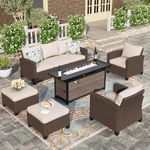 HERA'S HOUSE Patio Furniture Set with 56" Fire Pit Table, 2 x Single Chair, 2 x Ottoman, 3-Seat Couch, 6 Pieces Outdoor Wicker Conversation Set for Lawn Backyard, Brown Rattan/Beige Cushions