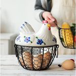 UNIVERSE LIGHTS Black Metal Mesh Wire Egg Storage Basket With White Ceramic Farm Chicken Top And Handles -Pure Ceramic