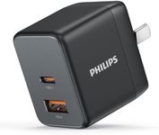 Philips USB A + USB C Wall Charger Adapter Plug 20W Dual Port Fast Charging |Safety | SAA Approved| Australia Standard| Compatible with iPhone 16/15/14/13/Pro/Pro Max| iPad (Black, 20W GaN Charger)