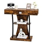 COSTWAY Console Table, Wooden T-Shaped Narrow Sofa Table Hall Desk with Drawer and Storage Shelves, Industrial Behind Couch Table Accent Side Table for Entryway Hallway Living Room (Rustic Brown)