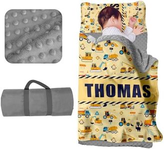 Custom Toddler Nap Mat for Preschool - Personalized Name Kids Nap Mats for Daycare Kindergarten Boys Sleeping Bag with Pillow Blanket Set, Thick Padded Easy Roll Up Yellow Excavator