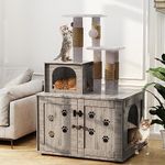 Recaceik Cat Litter Box Enclosure with Cat Tree, Hidden Cat Washroom Furniture with Divider, Wooden Cat House with Platform, Scratching Post and Soft Plush Perch, Indoor Pet Cabinet, Gray