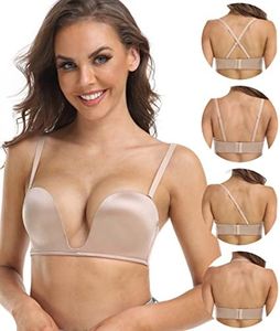 DotVol Push Up Convertible Strapless Bra for Women Underwire Deep U Plunge Padded Multiway Bra(Beige,34DD)