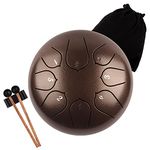 Lomuty 6 Inches 15 CM Steel Tongue Drum-8 Notes C Major Tuned Percussion Instrument-Handpan Drum with Bag, Music Book, Mallets and Finger Picks(Brown)