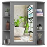 COSTWAY Wall Mounted Bathroom Cabinet - Storage Cabinet with Mirror Door & Adjustable Shelves, Space-Saving Medicine Storage Organizer for Living Room Kitchen Entryway (Gray)