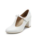 DREAM PAIRS Low Chunky Heels for Women T-Strap Mary Jane Pumps Closed Toe Wedding Dress Shoes,Size 6,White/Pu,DPU211