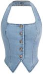 SHENHE Women's Denim Vest Halter Neck Button Up Denim Top Asymmetrical Backless Jean Vest Crop Top Blue M