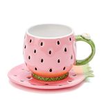 Noviko Ceramic Tea Cup and Saucer Coffee Mug Strawberry Coffee Cup with Saucer - 8 Ounce (Pink)