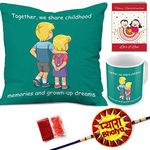 Indigifts Rakhi Gift for Brother Pyara Bhaiya with Roli, Rakshabandhan Greeting Card & Together We Share Childhood Memories Seagreen Printed 12x12 Cushion with Filler & Mug Combo for Brother