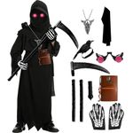 Grim Reaper Halloween Costume with Glowing Red Eyes Adults Scary Cloak Robe Costume Horror Party Cosplay Props Scythe