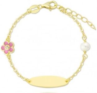 Turmalina by martina Turmalina - Pulsera esclava ID dorada de Plata de Ley 925 bebé o niña, pulsera con placa y motivos de flor y perla, largo de 11 y 2,5 cm de extensor de la marca de joyería