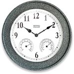 PKVM 1978 20 inch Indoor/Outdoor Faux Concrete Finish Waterproof Wall Clock, with Thermometer and Hygrometer. Battery Operated Round Clock. Decorative Clock for Patio/Home