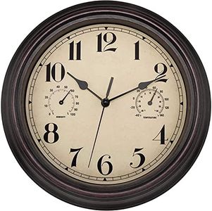 Foxtop Horloge Murale Extérieure Étanche avec Thermomètre & Hygromètre - Design Vintage Silencieux sans Tic-Tac 30 cm Décoration Jardin, Salle de Bain, Cuisine, Véranda (Brun)