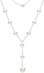 14K White Gold 8-8.5mm and 9-9.5mm White Freshwater Cultured Pearl Station Y Necklace, 18" + 2" Drop