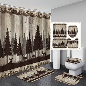 SKAILIÉ 4PCS Deer Shower Curtain Set, Moose Elk Bear Pine Tree Woodland Animal Wildlife Hunting Lodge Cabin Country Rustic Farmhouse Bathroom Decor, Waterproof Fabric Shower Curtain, Non-slip Bath Mat