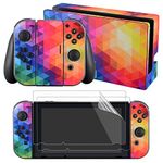 eXtremeRate Full Set Faceplate Skin Decal Stickers for Nintendo Switch with 2Pcs Screen Protector (Console & joy con & Dock & Grip)-Colorful Triangle