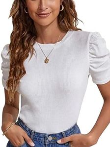 Tuopuda Camisa de Punto para Mujer, Cuello en Redondo Manga Corta Camisetas Puff Manga de Punto Vintage T-Shirts Color Sólido Elegantes Básico Costilla tee Tops(Blanco,XXL)