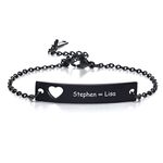 VNOX Personalized Link Bracelets, Free Custom Name Bracelet for Boys Girls, Friendship Relationship Gift Black Hollow Heart Tag Cable Link Charm Cuff for Men Women