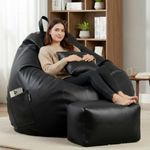 KAM'S LIEU 5XL Luxury Faux Leather Bean Bag with Footrest & Cushion | Pre-Filled High-Density Polystyrene Beans | Premium Leatherette | 6 Months Warranty Color- (Black, with Footrest)