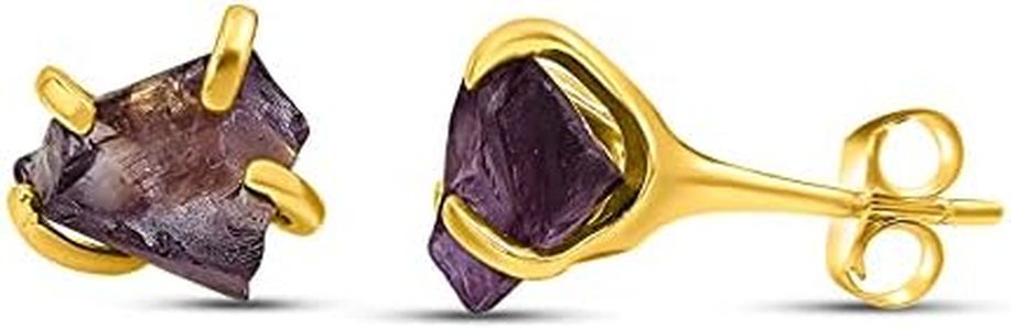 Natural raw alexandrite stud earrings with yellow gold over 925 sterling silver, 6 to 7mm rough genuine quality birthstone gift for her, Uniquelan Jewelry (alexandrite)
