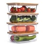 Vdomus Glass Food Storage Containers with Bamboo Lids (Pack of 4) - Stackable Meal Prep Container - Airtight Glass Food Containers - Microwave, Dishwasher Safe - Reusable Glass Lunchbox Pack - 36 Oz