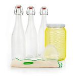 myFERMENTS Probiotic Drinks Elaboration Kit - Fermentation Set for Homemade Kombucha, Kefir, Beer - With Large 2L Glass Jar, 3 pcs. 750ml Glass Bottles with Hermetic Seal, 10cm Funnel, Muslin Cloth