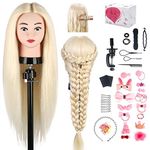 Hairdressing Training Head, TwoWin 24 Inch 80% Real Hair Manikin Cosmetology Doll Head Mannequin Hair Styling with Clamp Stand and Accessories, Blonde, Suitable for Straightening, Curling, Perming