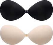 Adhesive Bra Strapless Ultra Sticky Invisible Push up Silicone Bra Reusable for Backless Dress (UK, Cup & Band, D, Black/Beige)