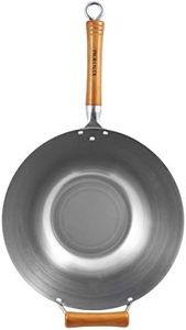 Ken Hom Carbon Steel Wok, 32cm, Excellence, Induction Hobs Suitable/Natural Patina Non-Stick/Beech Handle/Metal Tool Safe, Includes 1 x Chinese Wok Pan, KH432003