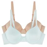 ELLEN TRACY Classic Silhouette Everyday T-Shirt Bra with Smoothing Comfort - Adjustable Straps - 2-Pack Multipack - 36D Pastel Blue/Sun Beige