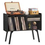 Lerliuo Record Player Stand with 4 Cabinet Holds Up to 220 Albums, Large Black Turntable Stand with Beech Wood Legs, Mid-Century Record Player Table, Vinyl Holder Storage Shelf for Bedroom Living Room