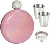 Liquor Flask for Women, 5 oz Stainless Steel Leak Proof Liquor Hip Flasks with Shining Rhinestone Cap and Funnel and 2 Pcs Cups for Storing Whiskey, Alcohol, Rum and Vodka (Pink)