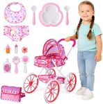 BABESIDE 10 Pcs Baby Doll Stroller Set with Feeding Doll Accessories, Baby Doll Stroller Toys for 12-16 Inches Dolls, Pretend Play Feeding Toy for Toddlers (Not Doll)