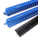 BTSKY 3 PCS 12" Architectural Scale Ruler with Standard Metric & Imperial Conversion Ruler, Aluminum Triangular Scale Measuring Drafting Tool Ruler, Laser Etched Metal Scale Ruler Set, Blue