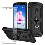 SDTEK Case Compatible with Huawei P Smart (2017/2018), Strong Rugged Hybrid Phone Cover with Magnetic Ring Holder + Stand and Glass Screen Protector 360 (Black)