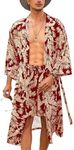 COOFANDY Kimono Men Summer Lounge Set Lightweight 2 Piece Kimono Robe Printed Robe Set Long Kimono With Belt Red (Leaves)