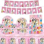 Birthday Decorations, Bluey Party Decorations Dog Birthday Party Supplies Kids' Party Tableware Set Include Pink Birthday Banner, Plate, Napkins and Tablecloths for Kids Baby Shower Birthday Party