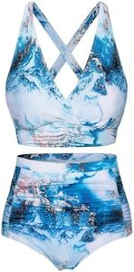 Svanco Costume da Bagno Due Pezzi Donna Top Bikini Incrociato Slip A Vita Alta E Increspato Set Bikini Push Up Donne Costumi da Bagno Blu XL
