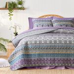 3 Pieces Colorful Bohemian Quilt Set Full Queen Size, Purple n Grey Boho Striped Printed Bedding Bedspread Coverlet Set for Summer, Soft Lightweight Microfiber Quilt with 2 Shams (88x88 inces)