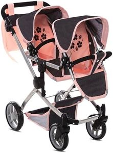Dolls To Play - Baby Doll Double Stroller, Twin Pram Buggy Pretend Play for Girls Kids 27.5 Inches High Adjustable Handle Rotating Wheels Storage Basket Diaper Bag