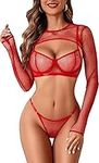 Avidlove Women's Sexy Lingerie Set 3-Piece Underwear Long Sleeve Crop Top Fishing Net Lingerie Festival Rave Outfits with Bra and Panties Sets, Red, S