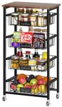 XYZLVSI Kitchen Storage Cart with Wheels, 5-Tier Metal Utility Rolling Cart Fruit Vegetable Storage Basket Pantry Rack with Wood Top & Pull Out Baskets for Kitchen, Livingroom, Diningroom, Office