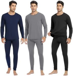 URATOT 3 Sets Men's Thermal Underwear Set Fleece Lined Long Johns Thermal Underwear Base Layer Set for Men Cold Winter, Black, Grey, Navy Blue, Medium