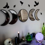 NESHE Moon Phase Mirror Set with Birds | Scandinavian Natural Home Boho Wall Decor | Aesthetic Witchy Bohemian Indoor Gothic Art Decorations for Living Room (Black)