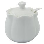 Porcelain Sugar Bowl with Lid and Spoon, ChaseChic 9.17oz/260ml Ceramic Sugar Container, White Sugar Pot with Golden Edge Pumpkin Design Fit for Home Kitchen Spices