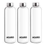 AGARO Elite Borosilicate Glass Water Bottles, Pack of 3, 1000ml Capacity Each, Microwave & Freezer Safe, Leak Proof & Airtight Lid, Scratch Resistant, Transparent.