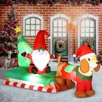 BLOOMWIN Christmas Inflatables Outdoor Decorations - 8ft Inflatable Gnomes in Sled with Weiner Dog Xmas Tree Light Up Inflatable Christmas Blow Up Yard Decorations