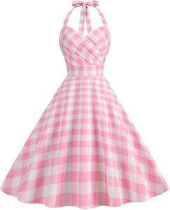1950s Dresses for Women Vintage Retro Halter Neck/Spaghetti Straps Plaid A-line Swing Midi Dress (AU, Alpha, Large, Regular, Regular, Pink)